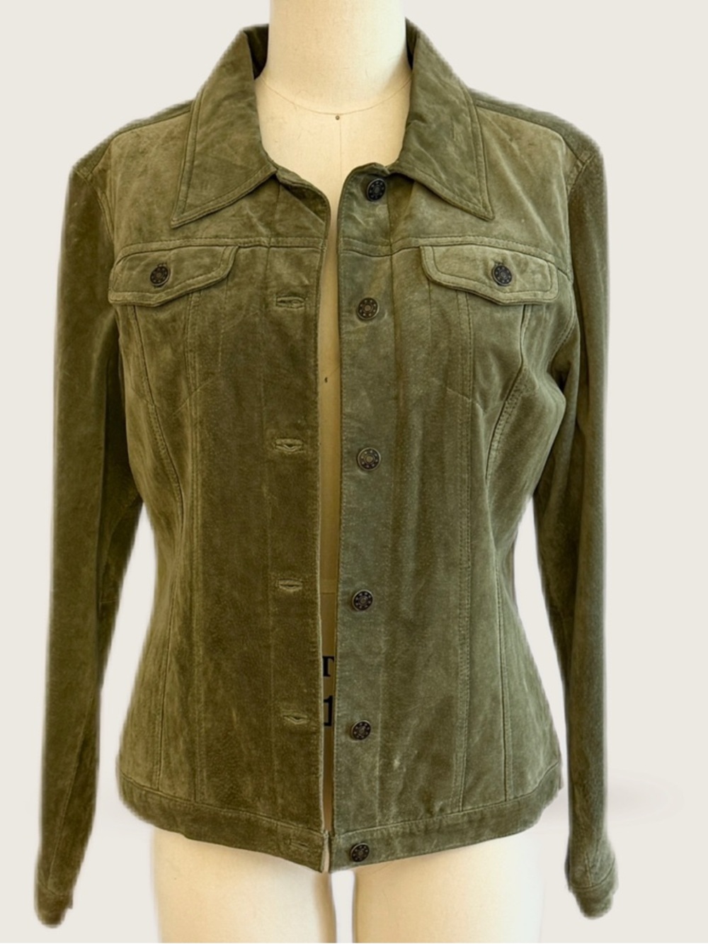 Passport Sage Green Suede Button-Front Jean Jacket